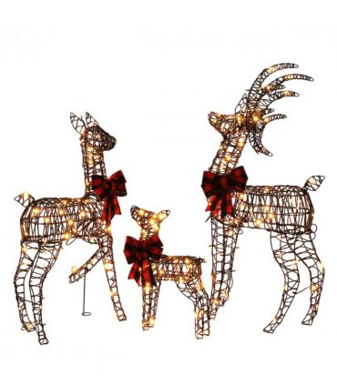 3-Piece Lighted Christmas Reindeer Family Set Outdoor Decorations, Weather Proof Rattan Deer Family Set of 3 Christmas Ornament Home Decor Pre-lit 210 LED Warm White Lights, 4FT, Brown