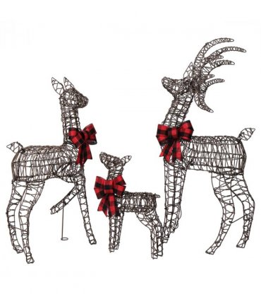 3-Piece Lighted Christmas Reindeer Family Set Outdoor Decorations, Weather Proof Rattan Deer Family Set of 3 Christmas Ornament Home Decor Pre-lit 210 LED Warm White Lights, 4FT, Brown