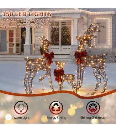 3-Piece Lighted Christmas Reindeer Family Set Outdoor Decorations, Weather Proof Rattan Deer Family Set of 3 Christmas Ornament Home Decor Pre-lit 210 LED Warm White Lights, 4FT, Brown