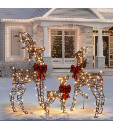 3-Piece Lighted Christmas Reindeer Family Set Outdoor Decorations, Weather Proof Rattan Deer Family Set of 3 Christmas Ornament Home Decor Pre-lit 210 LED Warm White Lights, 4FT, Brown