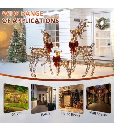 3-Piece Lighted Christmas Reindeer Family Set Outdoor Decorations, Weather Proof Rattan Deer Family Set of 3 Christmas Ornament Home Decor Pre-lit 210 LED Warm White Lights, 4FT, Brown
