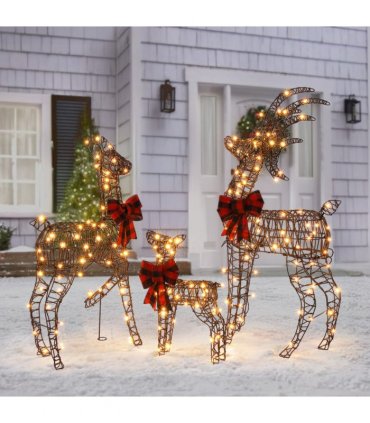 3-Piece Lighted Christmas Reindeer Family Set Outdoor Decorations, Weather Proof Rattan Deer Family Set of 3 Christmas Ornament Home Decor Pre-lit 210 LED Warm White Lights, 4FT, Brown