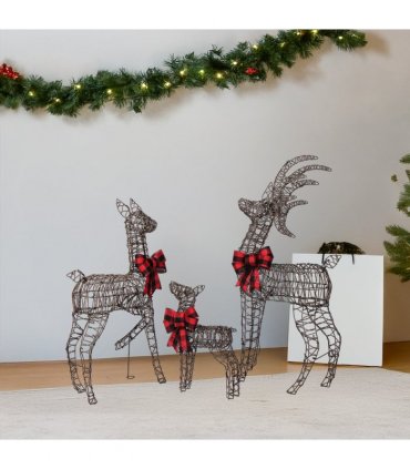 3-Piece Lighted Christmas Reindeer Family Set Outdoor Decorations, Weather Proof Rattan Deer Family Set of 3 Christmas Ornament Home Decor Pre-lit 210 LED Warm White Lights, 4FT, Brown