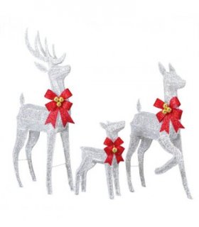 3-Piece Lighted Christmas Reindeer Family Set Outdoor Decorations, Weather Proof Sparkling Deer Family Set of 3 Christmas Ornament Home Decor Pre-lit 210 LED Warm White Lights, 4FT, Silver