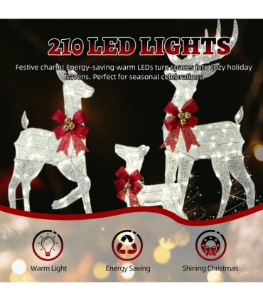3-Piece Lighted Christmas Reindeer Family Set Outdoor Decorations, Weather Proof Sparkling Deer Family Set of 3 Christmas Ornament Home Decor Pre-lit 210 LED Warm White Lights, 4FT, Silver