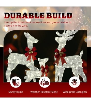 3-Piece Lighted Christmas Reindeer Family Set Outdoor Decorations, Weather Proof Sparkling Deer Family Set of 3 Christmas Ornament Home Decor Pre-lit 210 LED Warm White Lights, 4FT, Silver