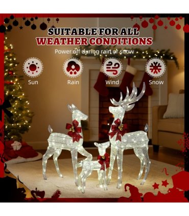 3-Piece Lighted Christmas Reindeer Family Set Outdoor Decorations, Weather Proof Sparkling Deer Family Set of 3 Christmas Ornament Home Decor Pre-lit 210 LED Warm White Lights, 4FT, Silver