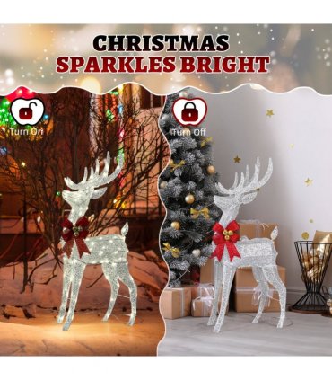 3-Piece Lighted Christmas Reindeer Family Set Outdoor Decorations, Weather Proof Sparkling Deer Family Set of 3 Christmas Ornament Home Decor Pre-lit 210 LED Warm White Lights, 4FT, Silver