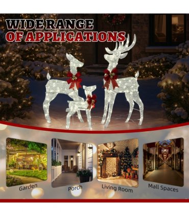 3-Piece Lighted Christmas Reindeer Family Set Outdoor Decorations, Weather Proof Sparkling Deer Family Set of 3 Christmas Ornament Home Decor Pre-lit 210 LED Warm White Lights, 4FT, Silver