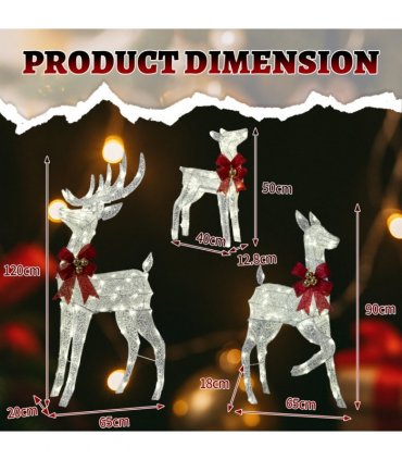 3-Piece Lighted Christmas Reindeer Family Set Outdoor Decorations, Weather Proof Sparkling Deer Family Set of 3 Christmas Ornament Home Decor Pre-lit 210 LED Warm White Lights, 4FT, Silver