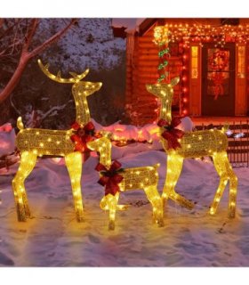 3-Piece Lighted Christmas Reindeer Family Set Outdoor Decorations, Weather Proof 2D Deer Family Set of 3 Christmas Ornament Home Decor Pre-lit 200 LED Warm White Lights with Stakes, Golden
