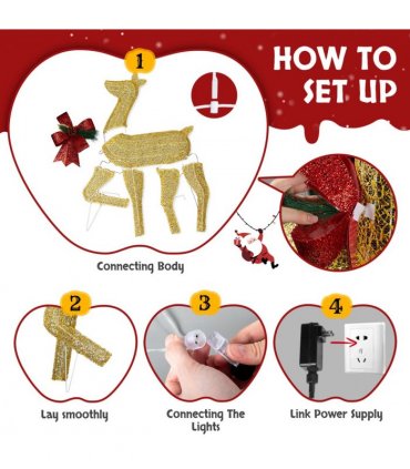 3-Piece Lighted Christmas Reindeer Family Set Outdoor Decorations, Weather Proof 2D Deer Family Set of 3 Christmas Ornament Home Decor Pre-lit 200 LED Warm White Lights with Stakes, Golden