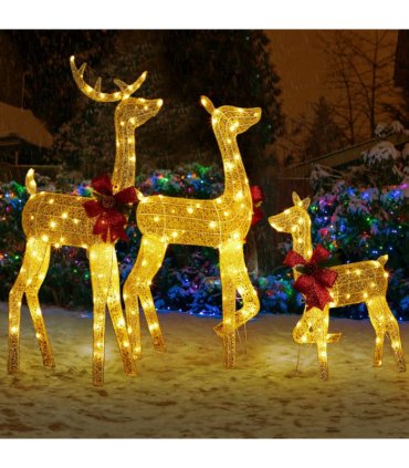 3-Piece Lighted Christmas Reindeer Family Set Outdoor Decorations, Weather Proof 2D Deer Family Set of 3 Christmas Ornament Home Decor Pre-lit 200 LED Warm White Lights with Stakes, Golden