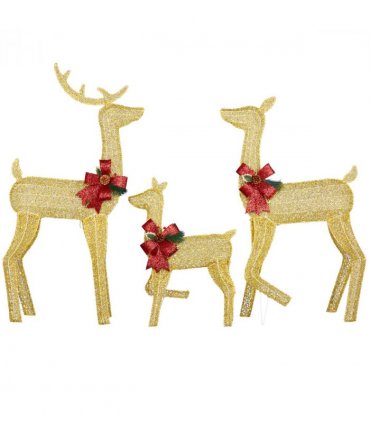 3-Piece Lighted Christmas Reindeer Family Set Outdoor Decorations, Weather Proof 2D Deer Family Set of 3 Christmas Ornament Home Decor Pre-lit 200 LED Warm White Lights with Stakes, Golden