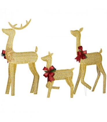 3-Piece Lighted Christmas Reindeer Family Set Outdoor Decorations, Weather Proof 2D Deer Family Set of 3 Christmas Ornament Home Decor Pre-lit 200 LED Warm White Lights with Stakes, Golden