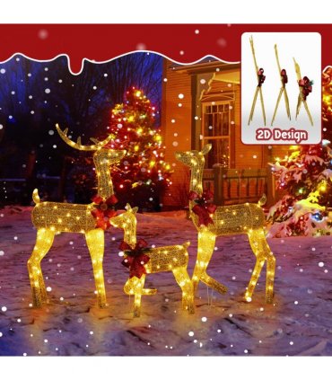 3-Piece Lighted Christmas Reindeer Family Set Outdoor Decorations, Weather Proof 2D Deer Family Set of 3 Christmas Ornament Home Decor Pre-lit 200 LED Warm White Lights with Stakes, Golden