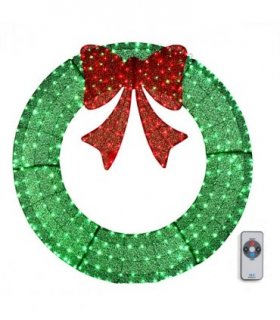 120cm Pre-lit Outdoor Christmas Wreath Decoration, Lighted Metal Wreath with Red Bow, Remote Control LED Lights with Timer, for Front Door Gate Wall Indoor Outdoor Holiday Party, Green