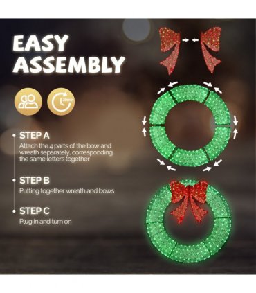 120cm Pre-lit Outdoor Christmas Wreath Decoration, Lighted Metal Wreath with Red Bow, Remote Control LED Lights with Timer, for Front Door Gate Wall Indoor Outdoor Holiday Party, Green