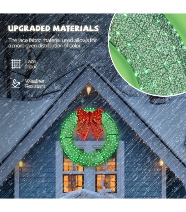 120cm Pre-lit Outdoor Christmas Wreath Decoration, Lighted Metal Wreath with Red Bow, Remote Control LED Lights with Timer, for Front Door Gate Wall Indoor Outdoor Holiday Party, Green