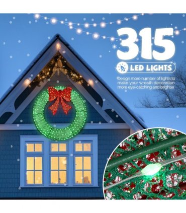 120cm Pre-lit Outdoor Christmas Wreath Decoration, Lighted Metal Wreath with Red Bow, Remote Control LED Lights with Timer, for Front Door Gate Wall Indoor Outdoor Holiday Party, Green