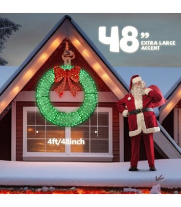 120cm Pre-lit Outdoor Christmas Wreath Decoration, Lighted Metal Wreath with Red Bow, Remote Control LED Lights with Timer, for Front Door Gate Wall Indoor Outdoor Holiday Party, Green