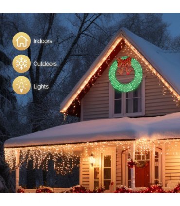 120cm Pre-lit Outdoor Christmas Wreath Decoration, Lighted Metal Wreath with Red Bow, Remote Control LED Lights with Timer, for Front Door Gate Wall Indoor Outdoor Holiday Party, Green