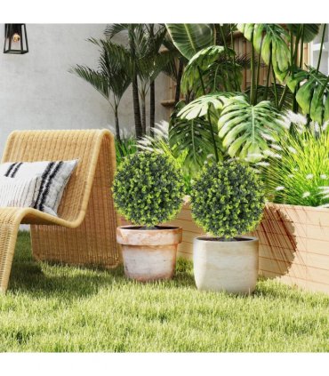 HOMCOM Set of 2 40cm Artificial Boxwood Topiary Ball Bush for Indoor Outdoor