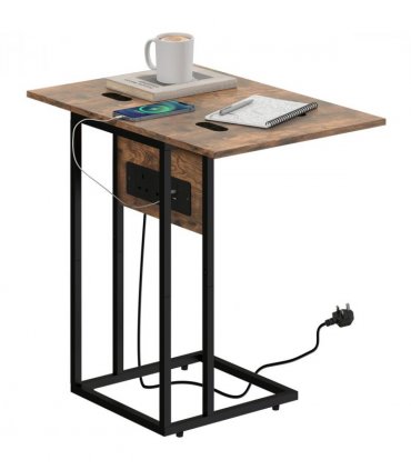 HOMCOM C Shaped Side Table with Charging Station and Foldable Top