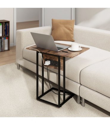 HOMCOM C Shaped Side Table with Charging Station and Foldable Top