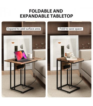 HOMCOM C Shaped Side Table with Charging Station and Foldable Top