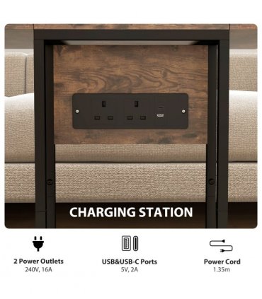 HOMCOM C Shaped Side Table with Charging Station and Foldable Top
