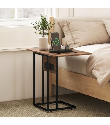 HOMCOM C Shaped Side Table with Charging Station and Foldable Top