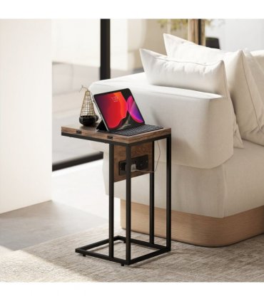 HOMCOM C Shaped Side Table with Charging Station and Foldable Top