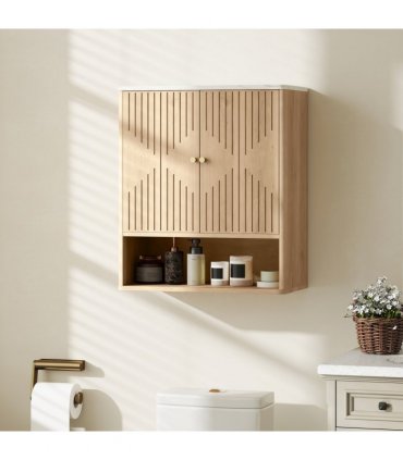 HOMCOM Bathroom Wall Cabinet with Adjustable Shelf and Open Shelf, Oak