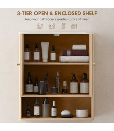 HOMCOM Bathroom Wall Cabinet with Adjustable Shelf and Open Shelf, Oak