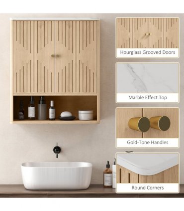 HOMCOM Bathroom Wall Cabinet with Adjustable Shelf and Open Shelf, Oak