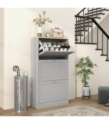 HOMCOM Narrow Shoe Cabinet with 3 Flip Drawers for 18 Pairs of Shoes Grey
