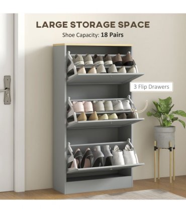 HOMCOM Narrow Shoe Cabinet with 3 Flip Drawers for 18 Pairs of Shoes Grey