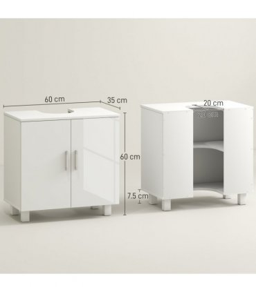 HOMCOM Freestanding Bathroom High Gloss Under Sink Cabinet, White