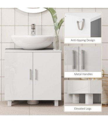 HOMCOM Freestanding Bathroom High Gloss Under Sink Cabinet, White