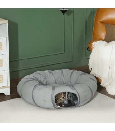 PawHut 2 in 1 Cat Tunnel with Bed, Cat Play Tunnel for Indoor Cats, Grey