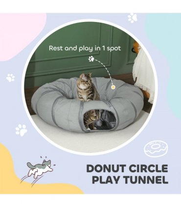 PawHut 2 in 1 Cat Tunnel with Bed, Cat Play Tunnel for Indoor Cats, Grey