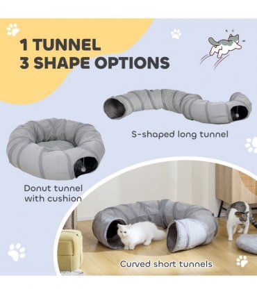 PawHut 2 in 1 Cat Tunnel with Bed, Cat Play Tunnel for Indoor Cats, Grey