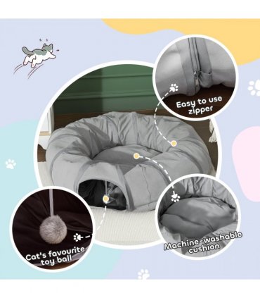 PawHut 2 in 1 Cat Tunnel with Bed, Cat Play Tunnel for Indoor Cats, Grey