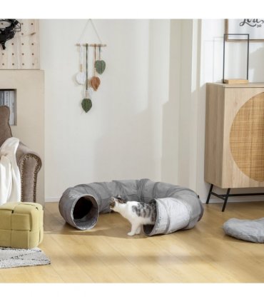 PawHut 2 in 1 Cat Tunnel with Bed, Cat Play Tunnel for Indoor Cats, Grey