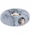 PawHut Donut Play Tunnel Bed with Washable Cushion and Toy Ball, Light Grey