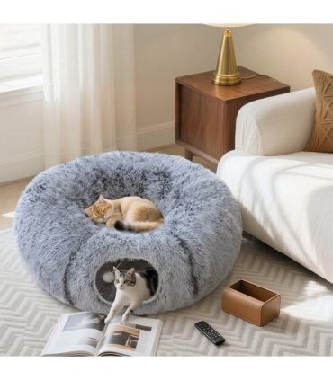 PawHut Donut Play Tunnel Bed with Washable Cushion and Toy Ball, Light Grey