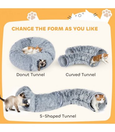 PawHut Donut Play Tunnel Bed with Washable Cushion and Toy Ball, Light Grey