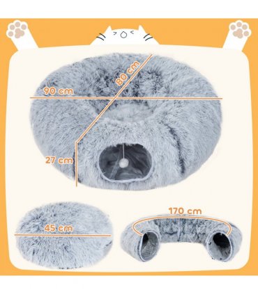 PawHut Donut Play Tunnel Bed with Washable Cushion and Toy Ball, Light Grey
