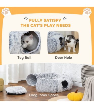 PawHut Donut Play Tunnel Bed with Washable Cushion and Toy Ball, Light Grey